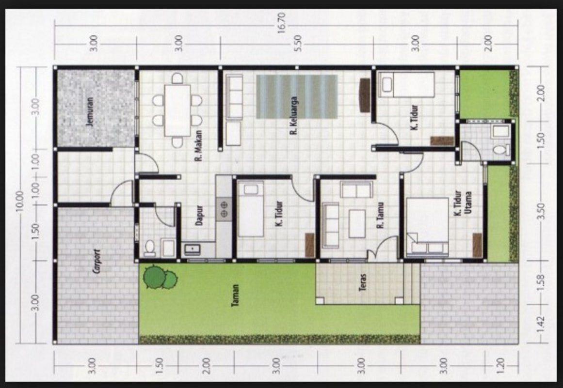 Denah Rumah 3 Kamar Ukuran 7x10 Modern Minimalis 4753